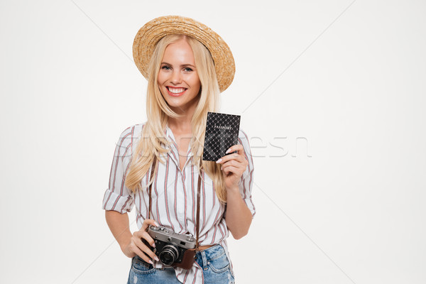 Foto stock: Retrato · feliz · sombrero · cámara