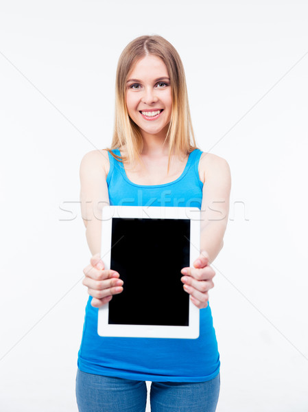 Gelukkig vrouw tonen scherm jonge vrouw Stockfoto © deandrobot