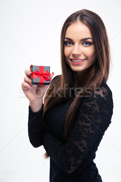 Kadın siyah elbise hediye kutusu gülen genç kadın Stok fotoğraf © deandrobot