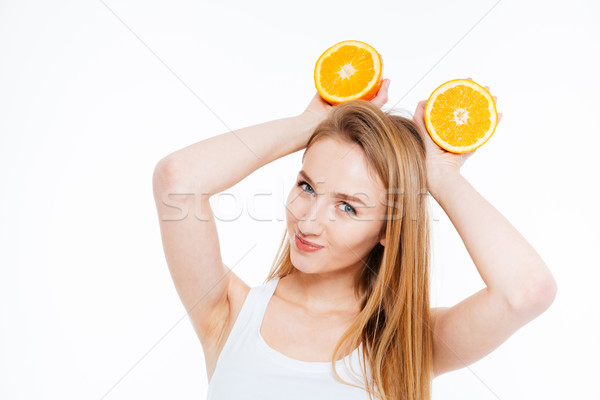 Playful joyful woman holding two orange halves above her head Stock photo © deandrobot
