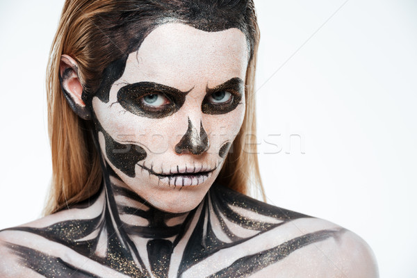 Nő vérfagyasztó csontváz smink fehér lány Stock fotó © deandrobot