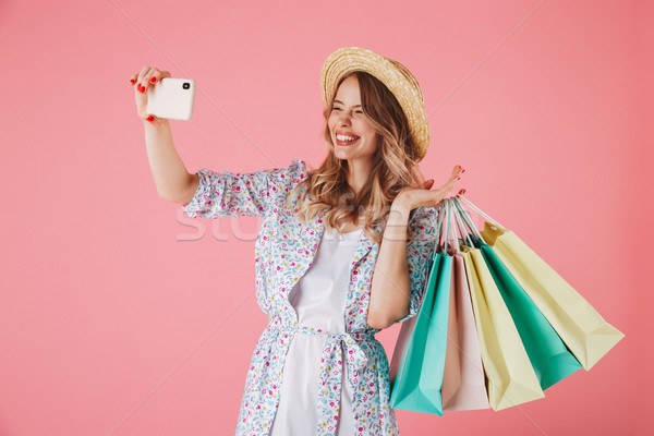 Stockfoto: Portret · jonge · vrouw · zomer · jurk · strohoed