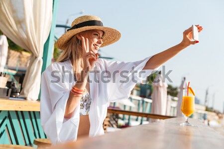Delighted young girl in summer hat and swimwear Stock photo © deandrobot