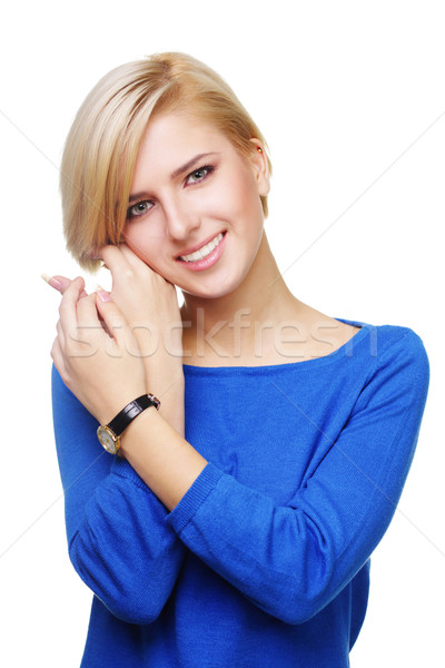 Foto stock: Jovem · bela · mulher · tocante · cara · isolado · branco