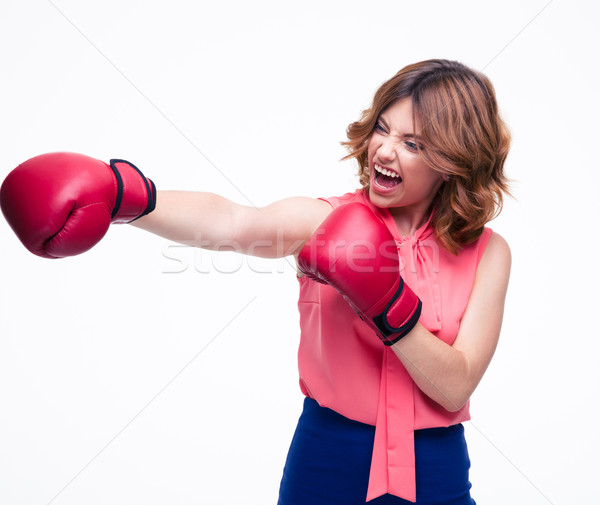 [[stock_photo]]: Colère · élégante · femme · gants · de · boxe · isolé