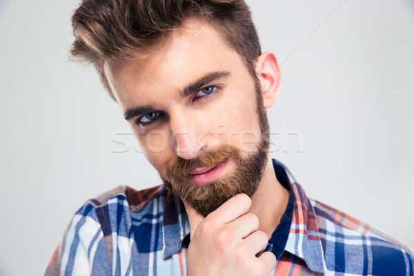 Porträt glücklich Mann anfassen Kinn isoliert Stock foto © deandrobot