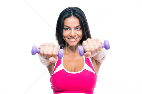 Femeie de fitness antrenament gantere fericit izolat alb Imagine de stoc © deandrobot