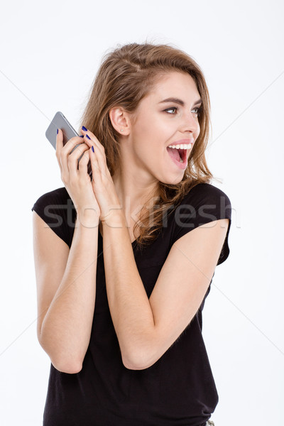 Stockfoto: Vrouw · gesloten · microfoon · telefoon · palm · portret