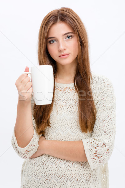 Sevimli genç kadın beyaz elbise içme çay Stok fotoğraf © deandrobot