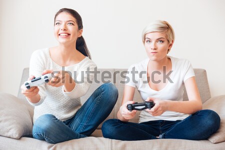 Gelukkig vrouwen spelen video games twee huis Stockfoto © deandrobot