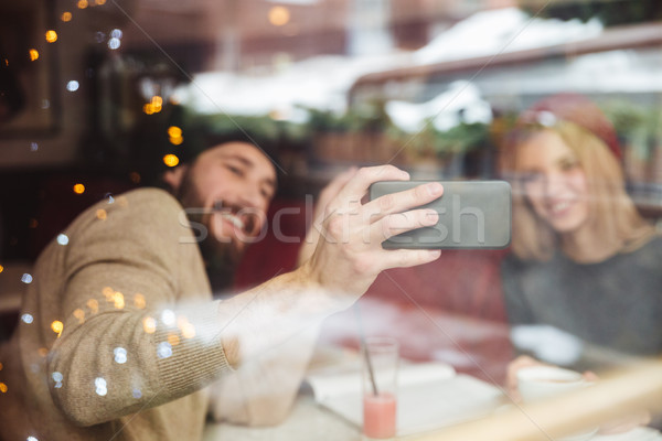 Foto stock: Retrato · engraçado · casal · café · atrás · vidro