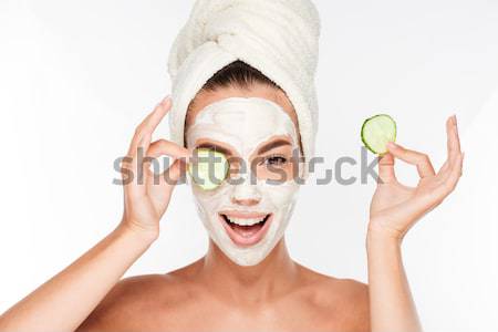 Close up beauty portrait of a happy half naked woman Stock photo © deandrobot