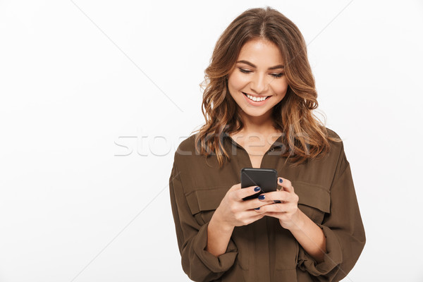 Foto stock: Retrato · sorridente · mulher · jovem · telefone · móvel · isolado