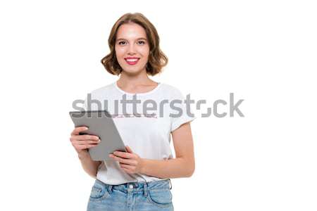 Stockfoto: Vrouw · wijzend · vinger · laptop · scherm · glimlachend