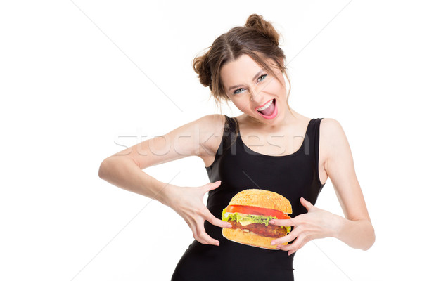 Vrouw top hamburger print grapje aanraken Stockfoto © deandrobot