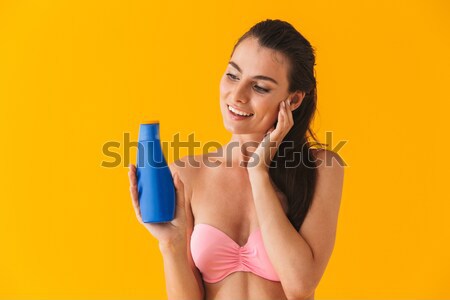 Foto stock: Retrato · niña · feliz · traje · de · baño · verano · sombrero