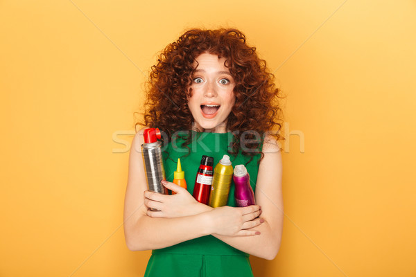 Portret tevreden gekruld vrouw Stockfoto © deandrobot