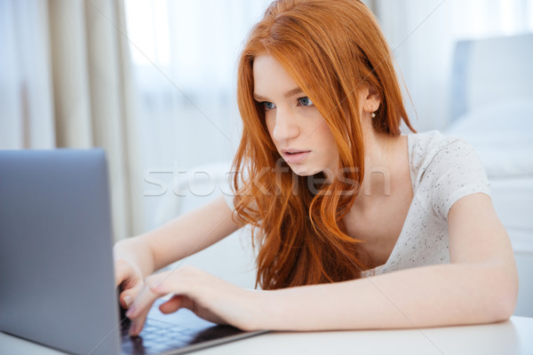 Femme utilisant un ordinateur portable ordinateur maison maison [[stock_photo]] © deandrobot