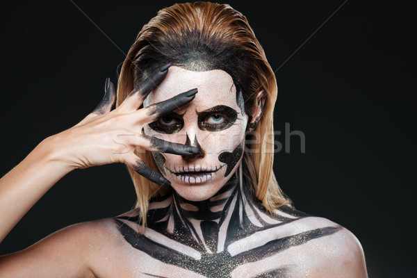 Nő vérfagyasztó halloween smink fekete lány Stock fotó © deandrobot