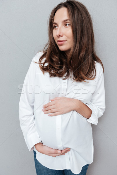 Foto stock: Mujer · embarazada · aislado · gris · moda