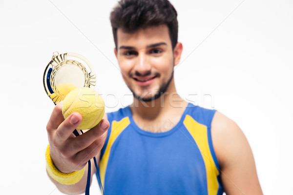 Glücklich Sport Mann halten Medaille Tennisball Stock foto © deandrobot