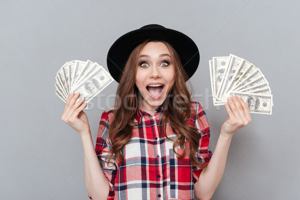 Stock foto: Glücklich · jungen · Brünette · Dame · halten · Geld