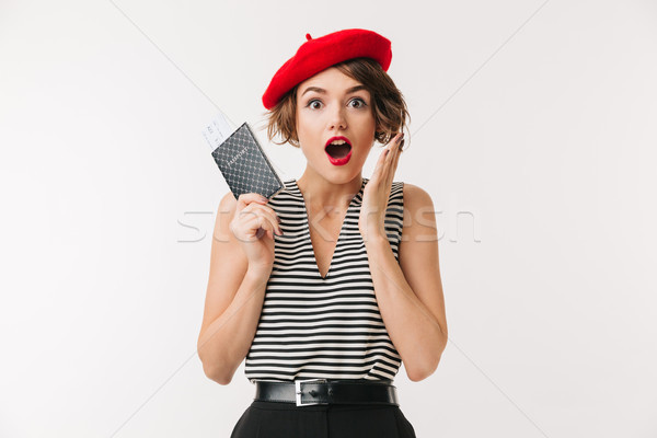 Portrait of a happy woman wearing red beret Stock photo © deandrobot