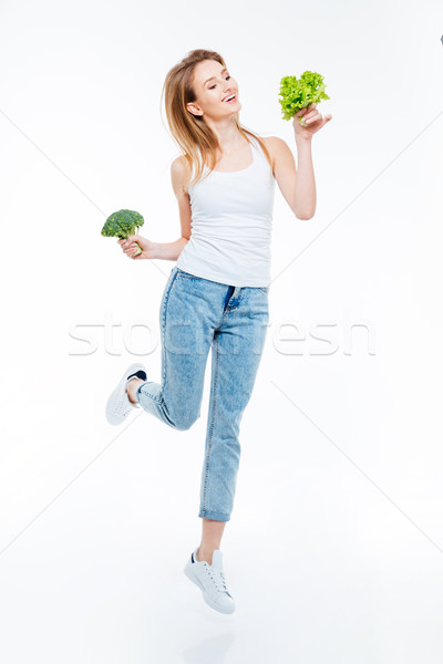 Vrolijk vrouw bloemkool groene salade Stockfoto © deandrobot