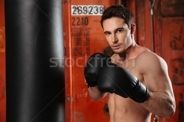 Jóvenes fuerte boxeador posando gimnasio mirando Foto stock © deandrobot