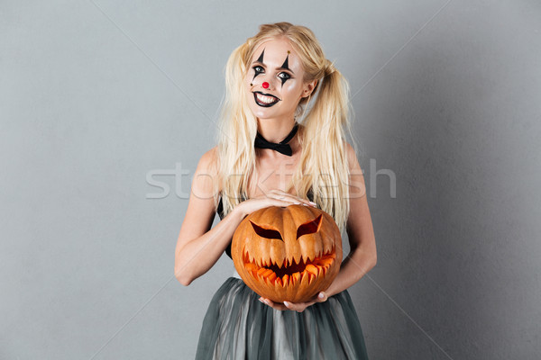 Foto stock: Sorridente · mulher · loira · halloween · palhaço · make-up