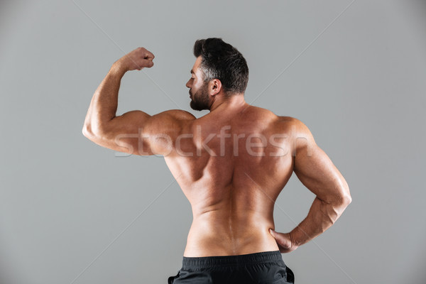Blick zurück Porträt muskuläre shirtless männlich Bodybuilder Stock foto © deandrobot