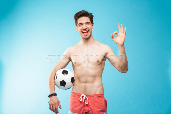 Foto stock: Retrato · alegre · sin · camisa · hombre · natación · shorts