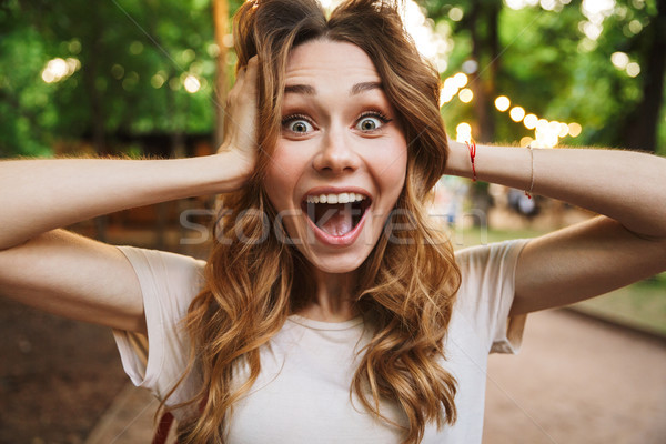 Alegre joven gritando pie parque Foto stock © deandrobot