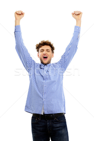 Sorridente homem as mãos levantadas para cima mão sorrir Foto stock © deandrobot