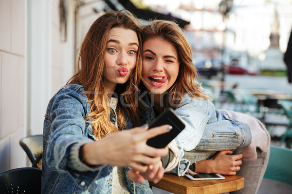 Two woman friends having fun while taking selfie in cafeteria Stock photo © deandrobot