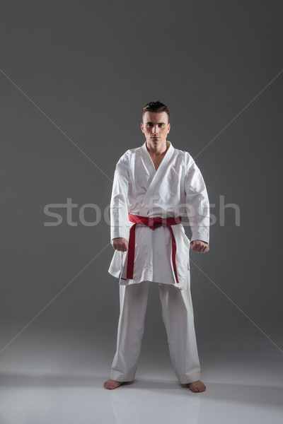 красивый спортсмен кимоно позируют изолированный серый Сток-фото © deandrobot