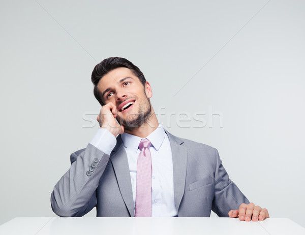 Foto stock: Feliz · empresario · hablar · teléfono · sesión · mesa