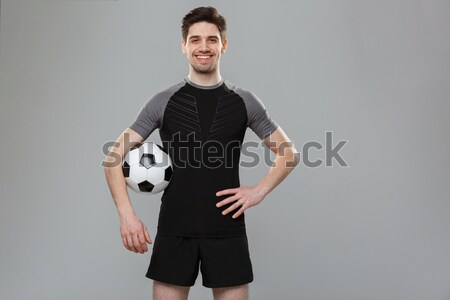 [[stock_photo]]: Footballeur · balle · isolé · blanche · sourire