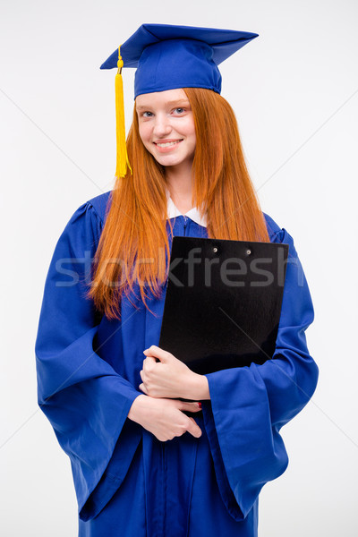 Foto stock: Retrato · bastante · alegre · menina · vestido · graduação