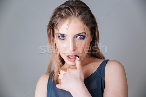 Bájos báj nő pózol szürke divat Stock fotó © deandrobot