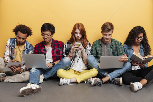 Multiethnic group of serious friends with laptops, books and smartphone Stock photo © deandrobot