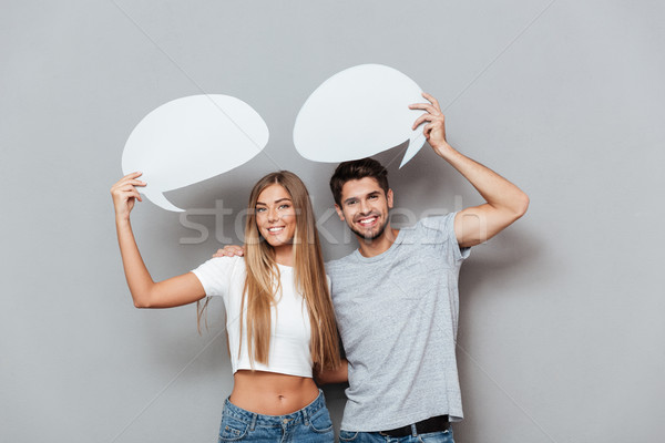 Couple pretend that talking Stock photo © deandrobot
