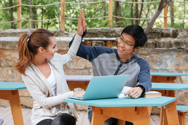 Successful couple using laptop and giving high five outdoors Stock photo © deandrobot