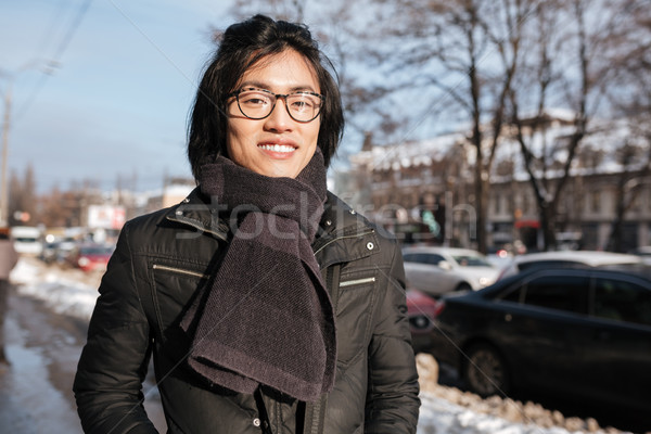 Foto stock: Feliz · jovem · asiático · homem · óculos