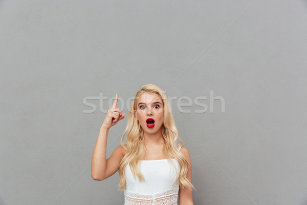 Portrait of a shocked girl standing and pointing Stock photo © deandrobot