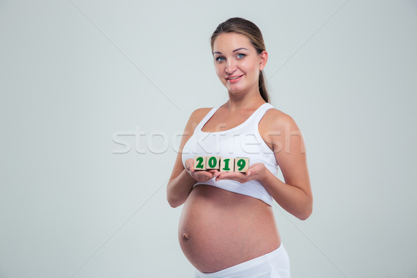 Foto stock: Mujer · embarazada · número · ladrillos · retrato · hermosa