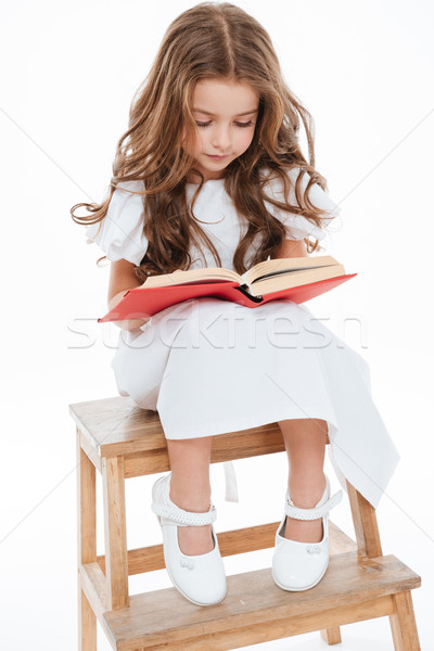 Cute curly little girl sitting and reading book Stock photo © deandrobot