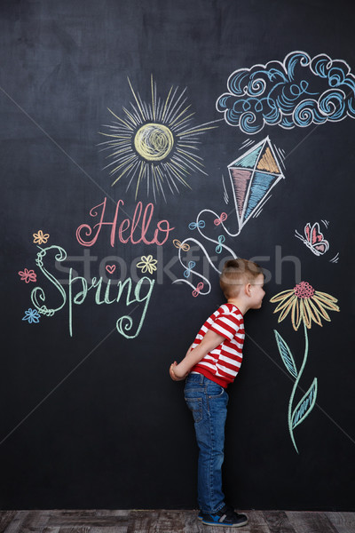 Kicsi aranyos fiú virág kréta iskolatábla Stock fotó © deandrobot