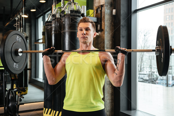 Handsome sportsman make sport exercises in gym. Stock photo © deandrobot