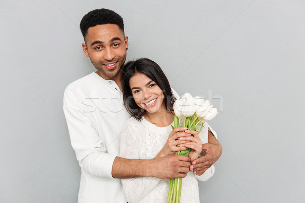 Foto stock: Feliz · amoroso · casal · flores · imagem · jovem